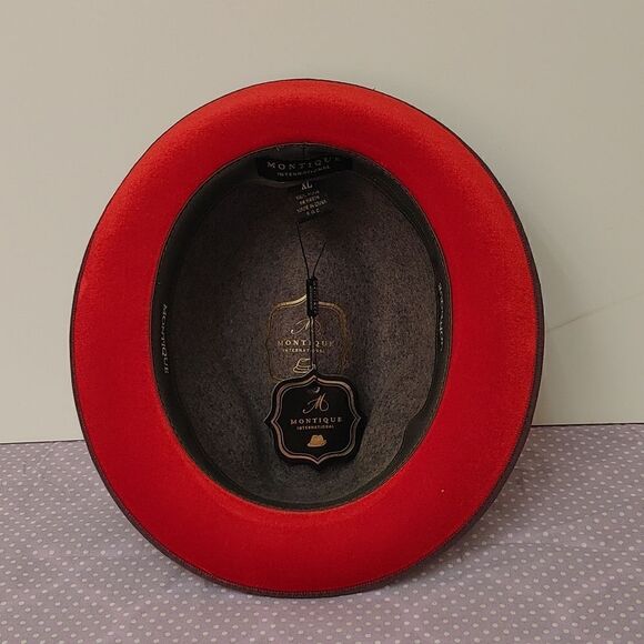MONTIQUE GREY SMALL FELT BAND, 2 1/4" BRIM 100% WOOL FELT RED BOTTOM FEDORA HAT - Picture 5 of 8